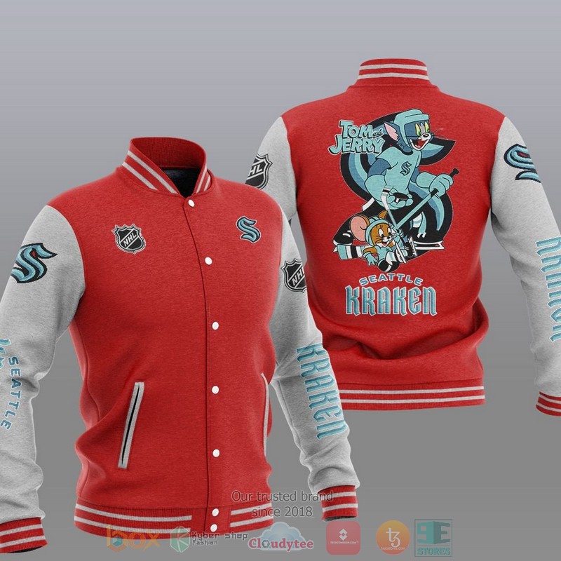 NEW Seattle Kraken NHL Tom And Jerry Varsity Baseball Jacket 5 Seattle Kraken NHL Tom And Jerry Baseball Jacket 1 2 3 4