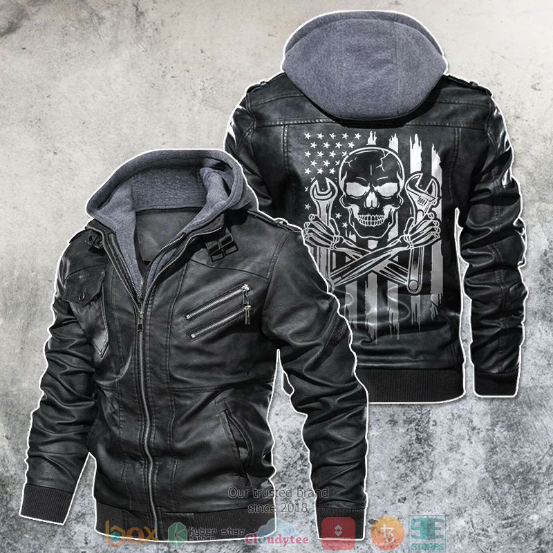 Skull American Mechanic America Flag Leather Jacket