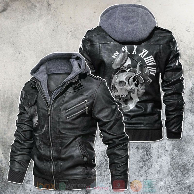 Skull And Glasses Clock Leather Jacket