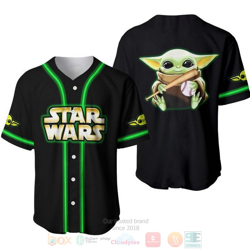 BEST Star Wars Baby Yoda Printed Black Baseball Jersey Shirt 7 Star Wars Baby Yoda All Over Print Black Baseball Jersey
