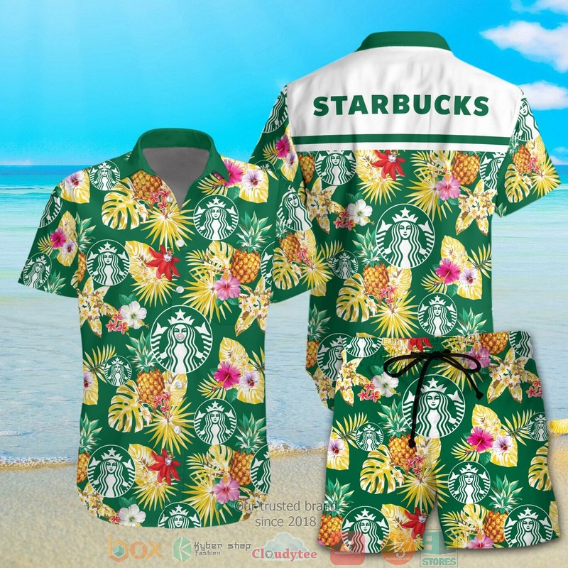 NEW Starbucks pineapple green Summer Hawaii Shirt, Shorts 7 Starbucks pineapple green Hawaiian Shirt Shorts