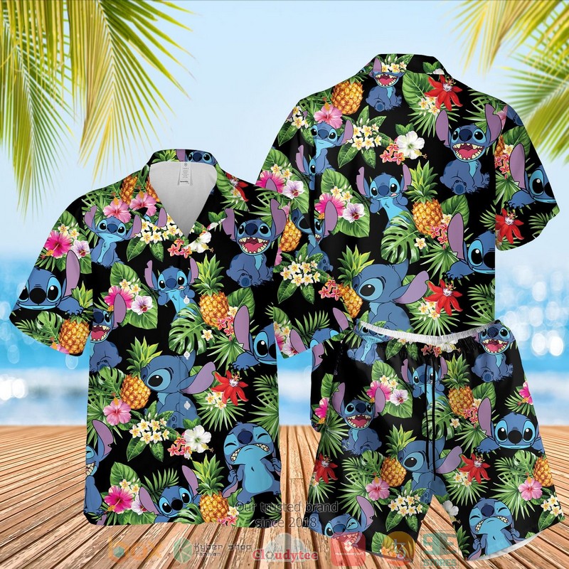 Stitch pineapple black Hawaiian Shirt Shorts