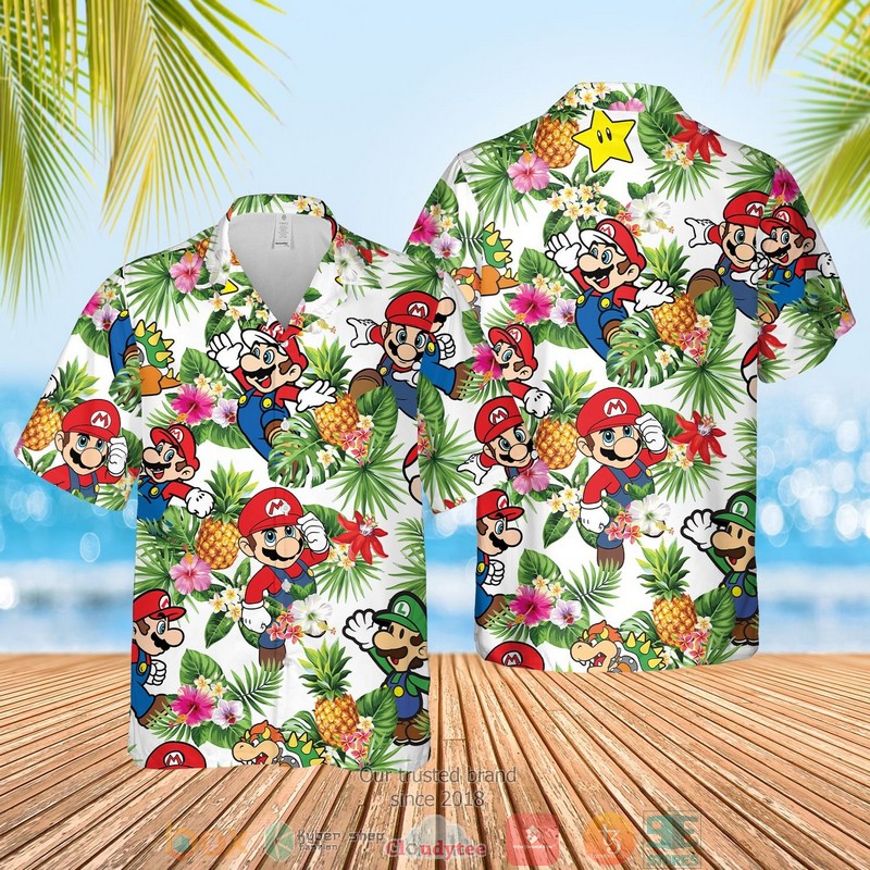 NEW Super Mario pineapple white Summer Hawaii Shirt, Shorts 2 Super Mario pineapple white Hawaiian Shirt Shorts 1