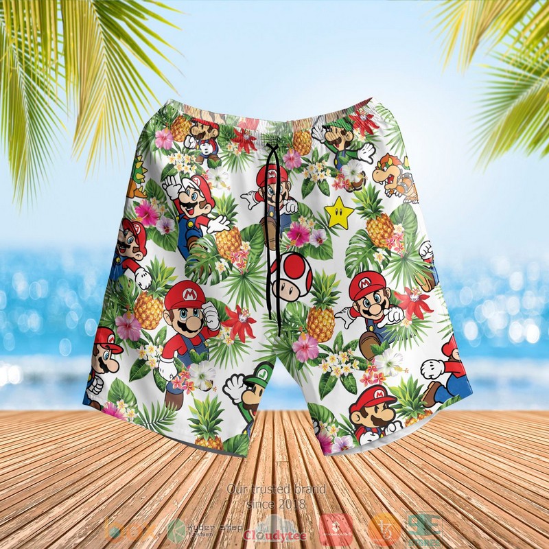 NEW Super Mario pineapple white Summer Hawaii Shirt, Shorts 3 Super Mario pineapple white Hawaiian Shirt Shorts 1 2