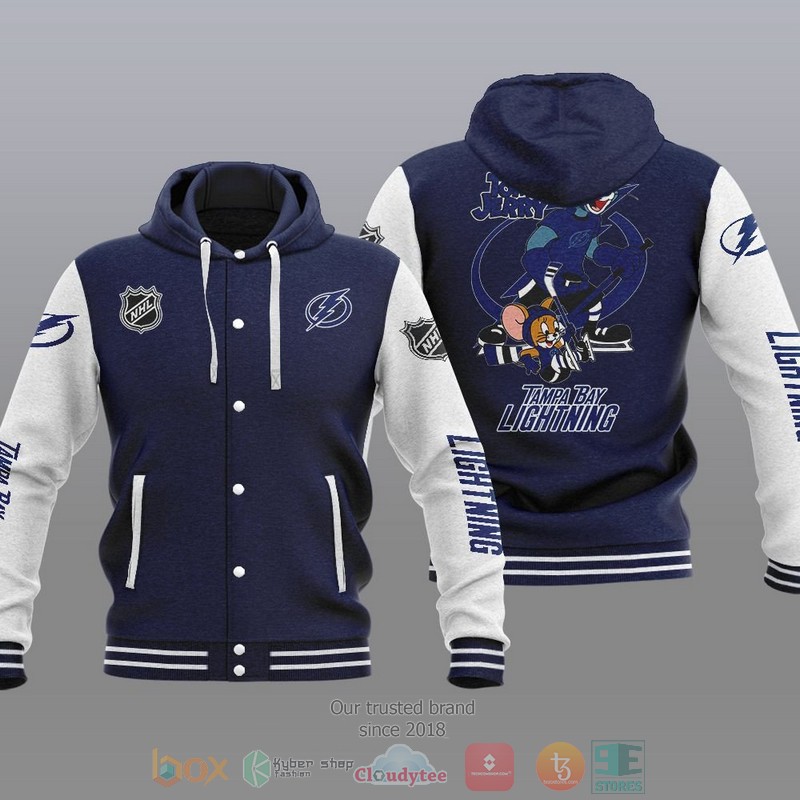 NEW Tampa Bay Lightning NHL Tom And Jerry Hoodie Baseball Jacket 3 Tampa Bay Lightning NHL Tom And Jerry Baseball Hoodie Jacket 1 2