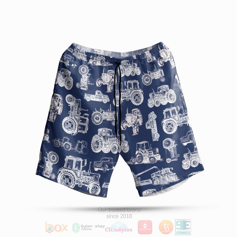 NEW Tractor pattern white and blue Hawaii Shirt, short 3 Tractor pattern white and blue hawaiian shirt short 1 2