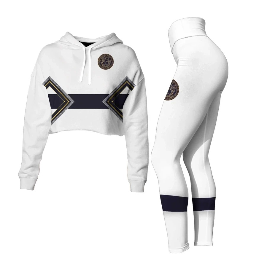 Versace Black Logo White Crop top hoodie and Legging