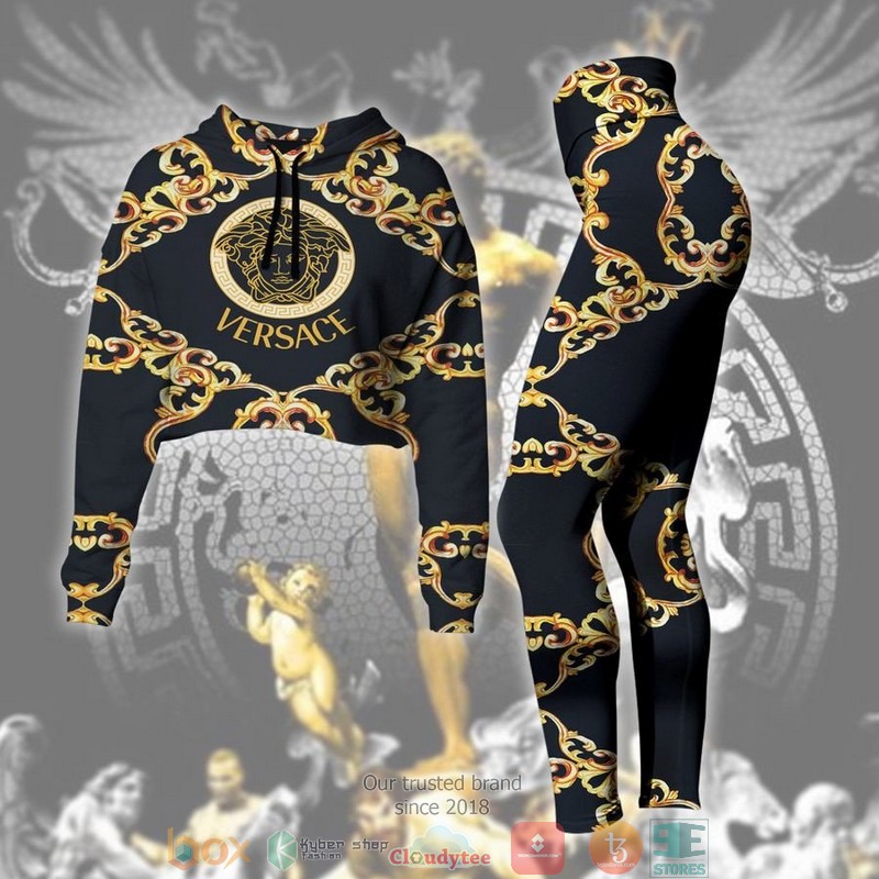 Versace Gold Logo Floral pattern black Crop top hoodie and Legging