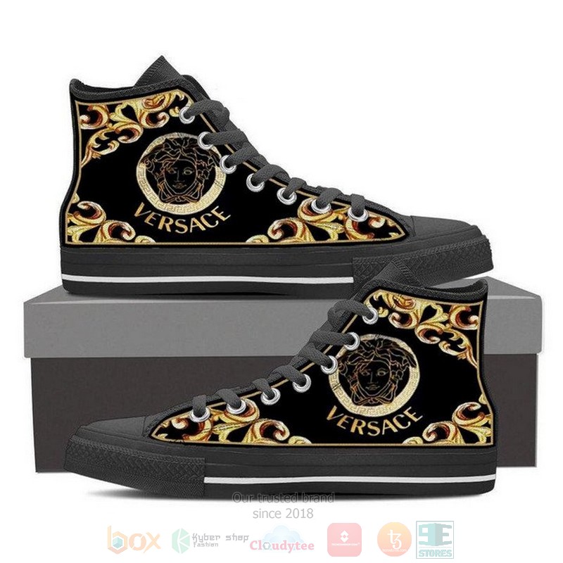 Versace Luxury brand logo black canvas high top shoes