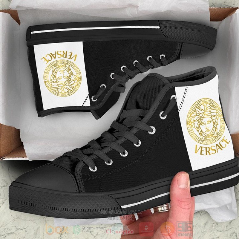 Versace Luxury brand logo white black canvas high top shoes