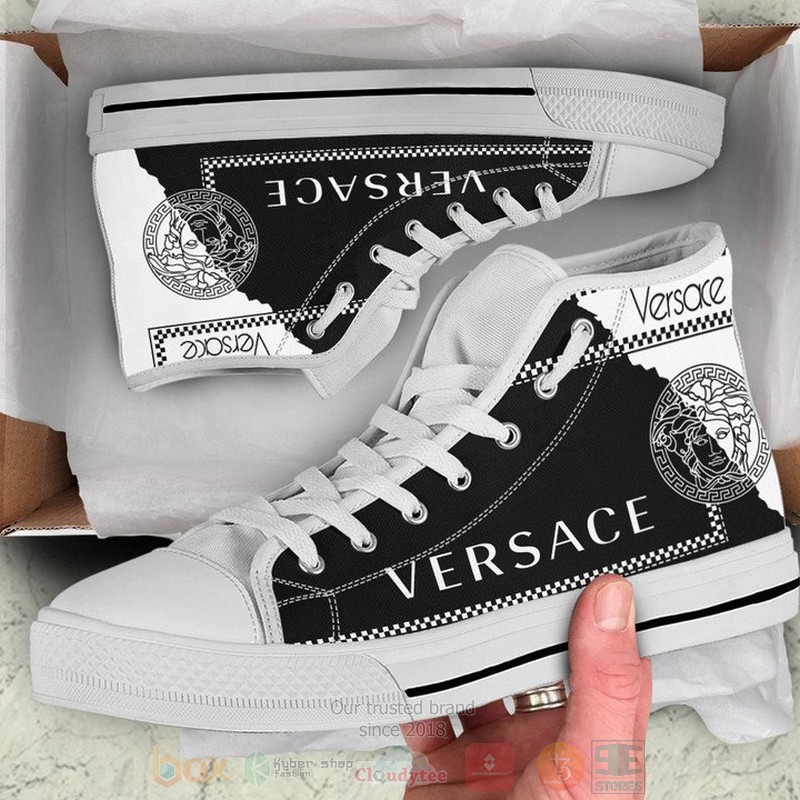 Versace brand logo black white canvas high top shoes