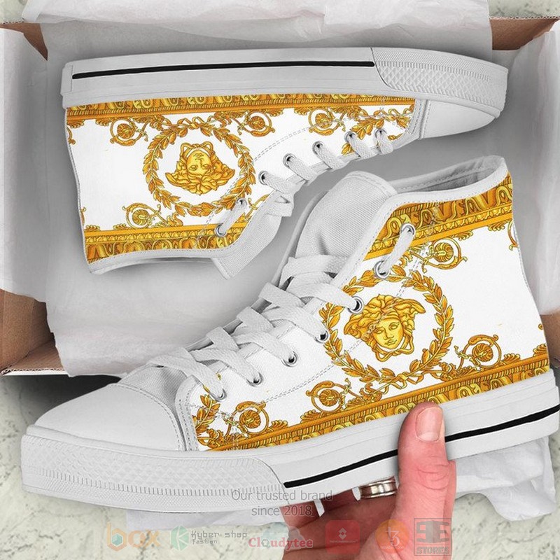 Versace brand logo white yellow pattern canvas high top shoes