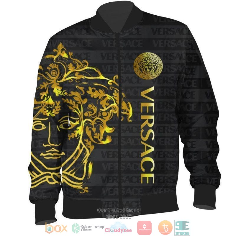 Versace gold logo grey letter pattern black Bomber Jacket