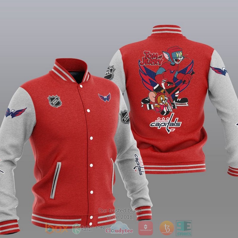 NEW Washington Capitals NHL Tom And Jerry Varsity Baseball Jacket 5 Washington Capitals NHL Tom And Jerry Baseball Jacket 1 2 3 4