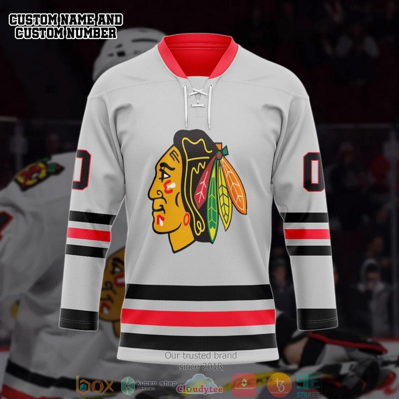 White Chicago Blackhawks NHL Custom Name and Number Hockey Jersey Shirt 3 White Chicago Blackhawks NHL Custom Name and Number Hockey Jersey Shirt 1 2
