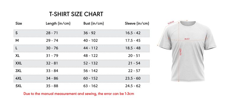t shirt size chart new