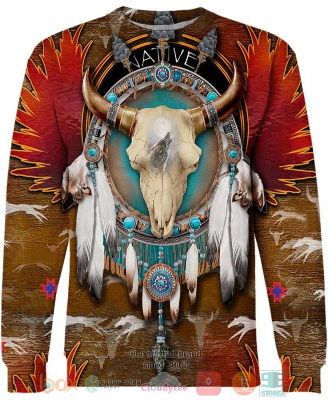 HOT Native Bison Skull brown All Over Printed 3D Shirt, Hoodie 4 Native Bison Skull brown 3D Shirt Hoodie 1 2 3