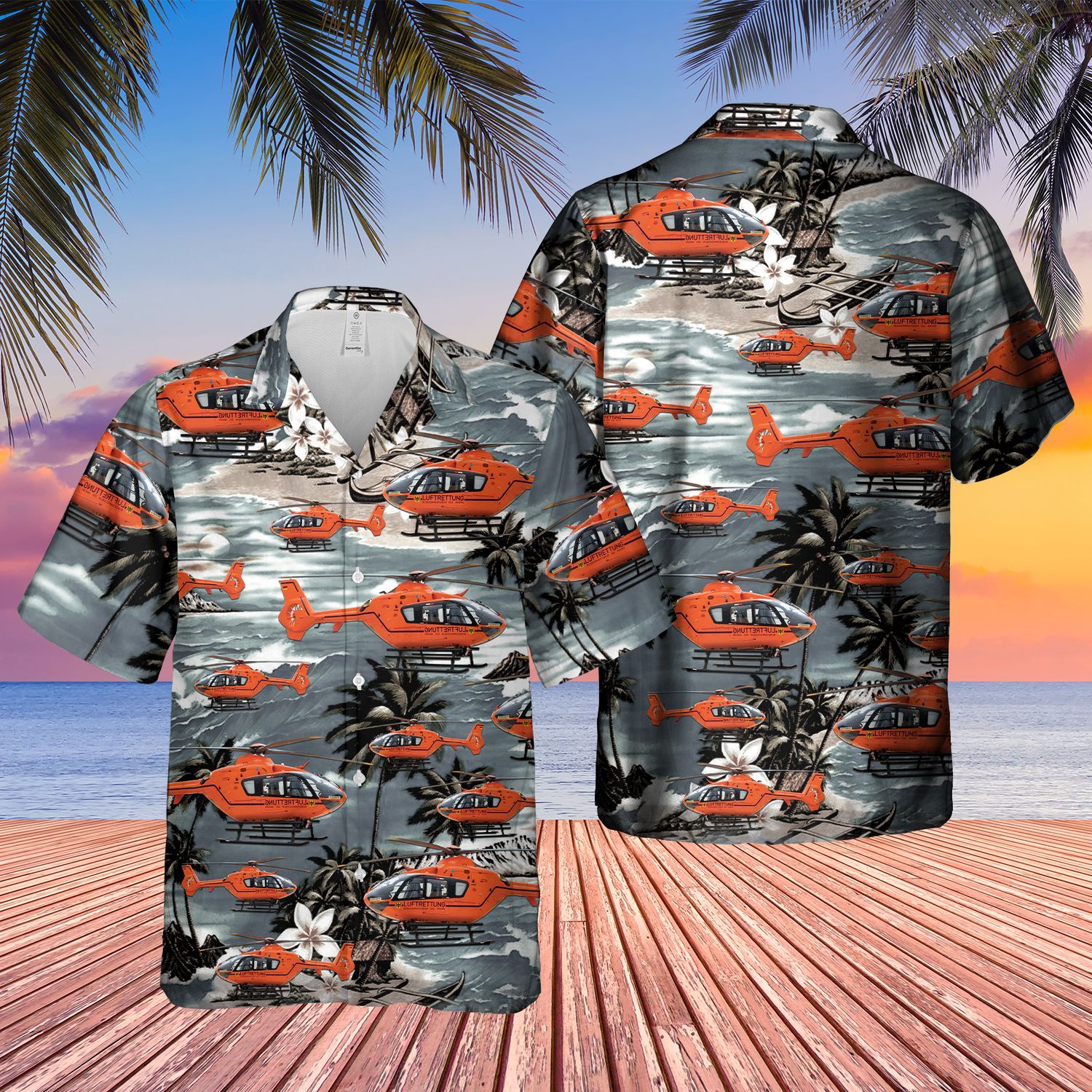 German Air Medical Services Helicopter 1 grey Short Sleeve Limited Hawaiian Shirt word2
