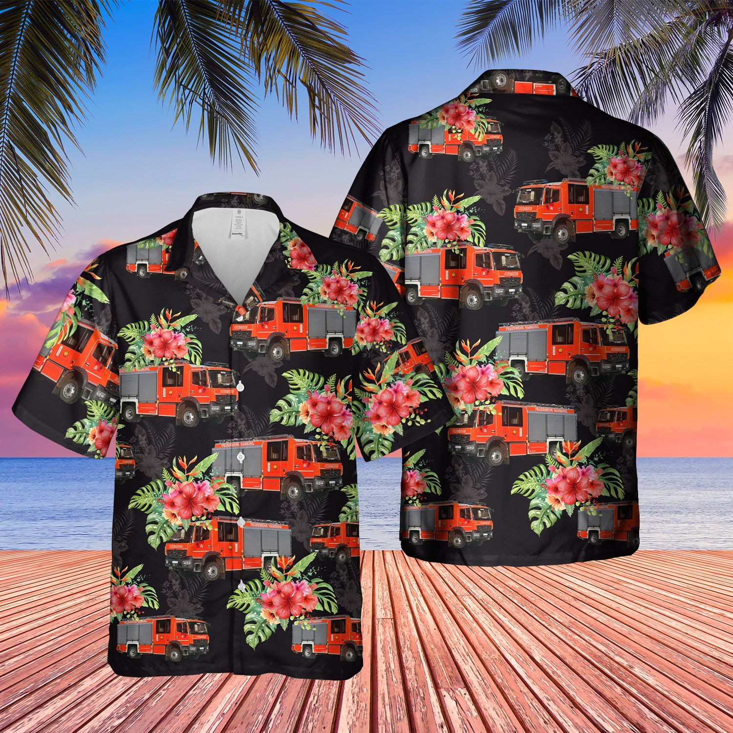 German Feuerwehr Hamburg Fire Truck Black Short Sleeve Limited Hawaiian Shirt word3