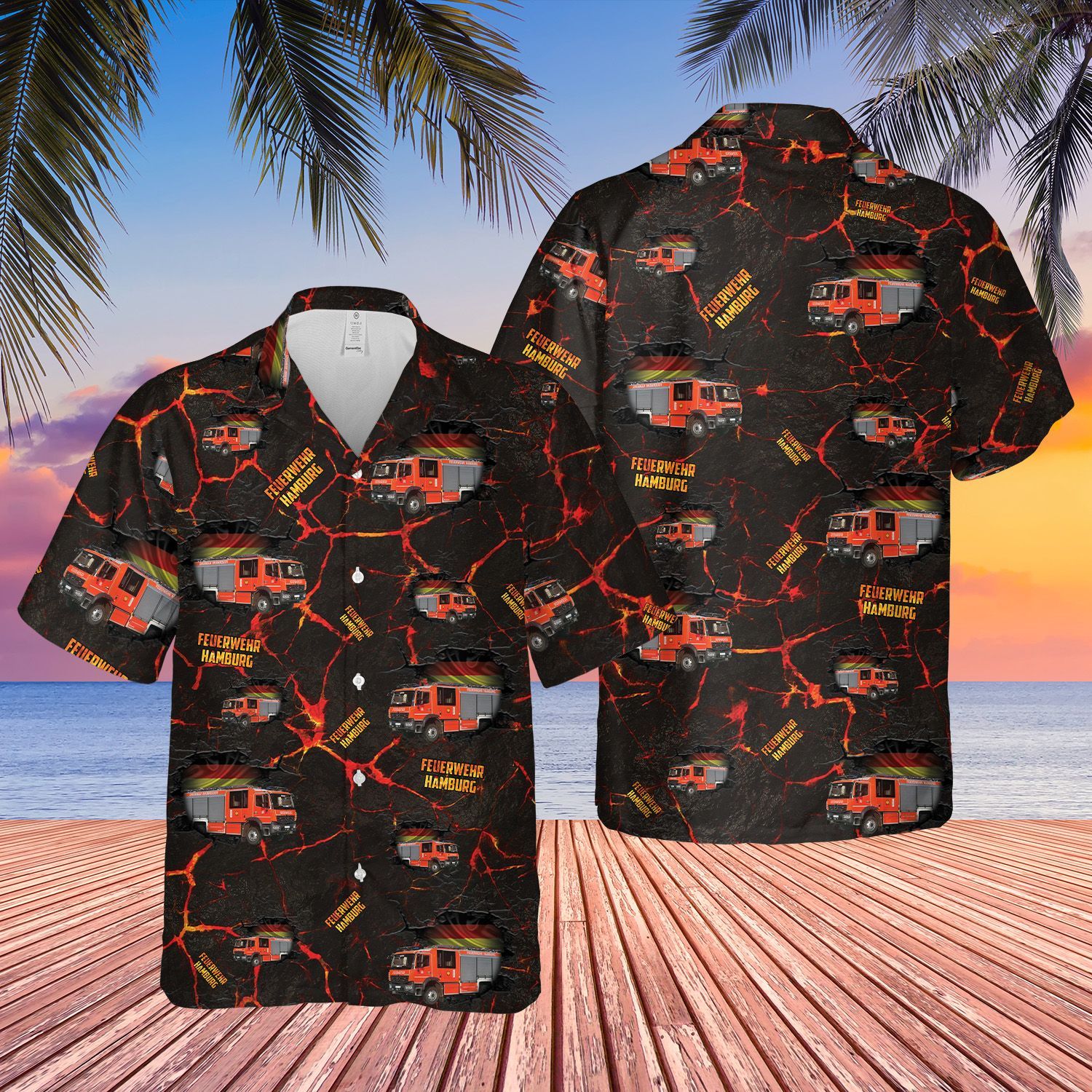 German Feuerwehr Hamburg Fire Truck Short Sleeve Limited Hawaiian Shirt word3