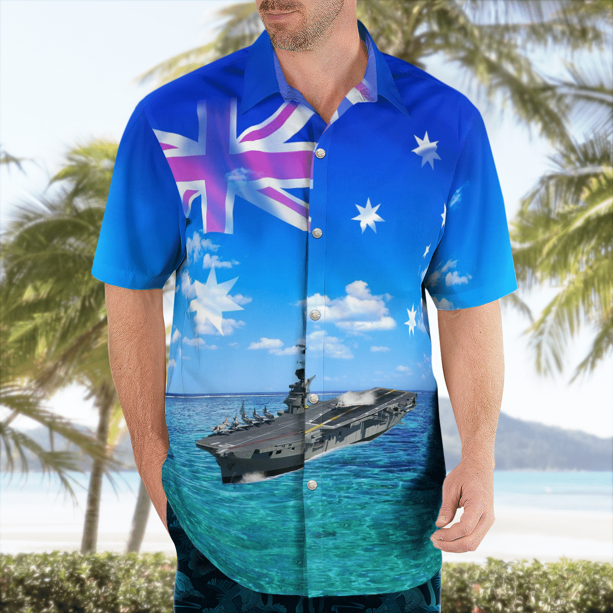 Royal Australian Navy RAN HMAS Melbourne R21 Majestic-class Light Aircraft Carrier Hawaiian Shirt 4 Royal Australian Navy RAN HMAS Melbourne R21 Majestic-class Light Aircraft Carrier Hawaiian Shirt word3