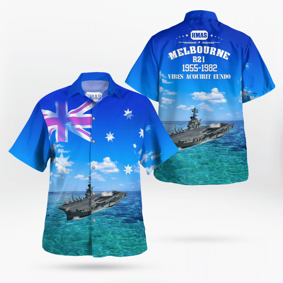 Royal Australian Navy RAN HMAS Melbourne R21 Majestic-class Light Aircraft Carrier Hawaiian Shirt word1