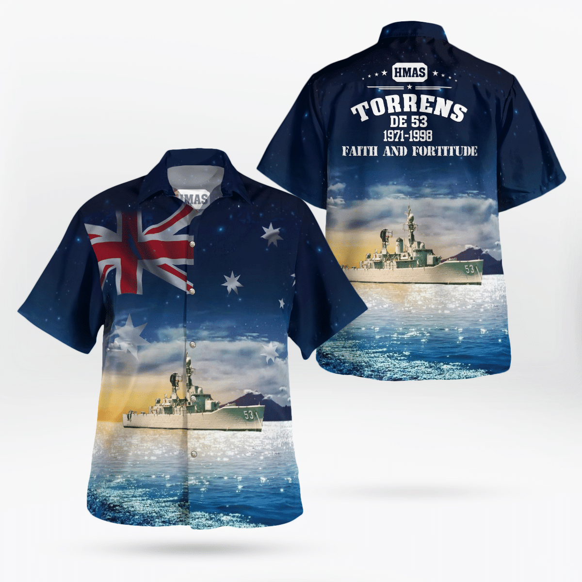 Royal Australian Navy RAN HMAS Torrens DE 53 River-class Destroyer Escort Hawaiian Shirt word2