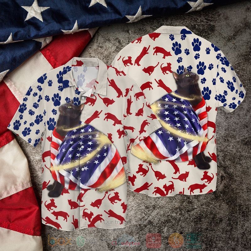 4th Of July Independence Day Cat Black Short Sleeve Hawaiian Shirt