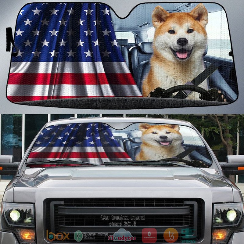 NEW Akita And American Flag Independent Day 3D Car Sunshade