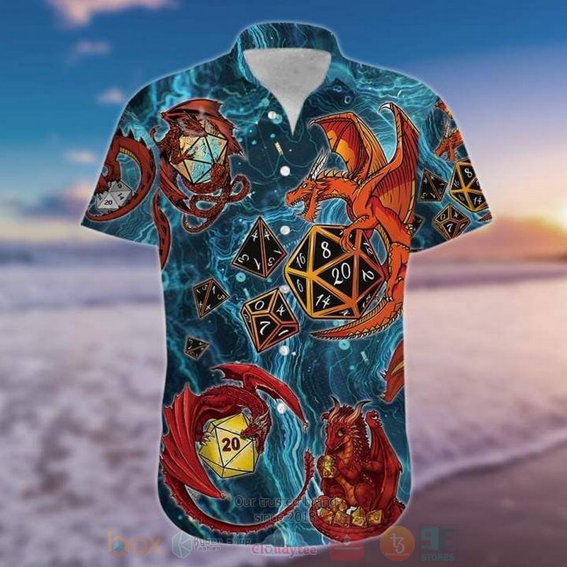 Amazing Lucky Dragon Playing Dice Blue Short Sleeve Hawaiian Shirt