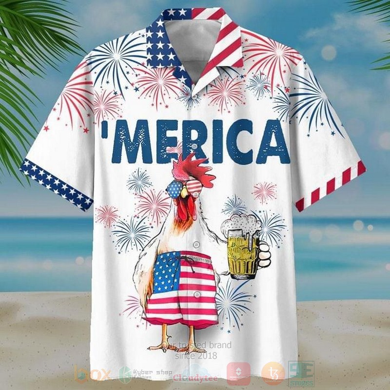 BEST American Flag Rooster Drink Beer All Over Print Aloha Shirt 1 American Flag Rooster Drink Beer Short Sleeve Hawaiian Shirt