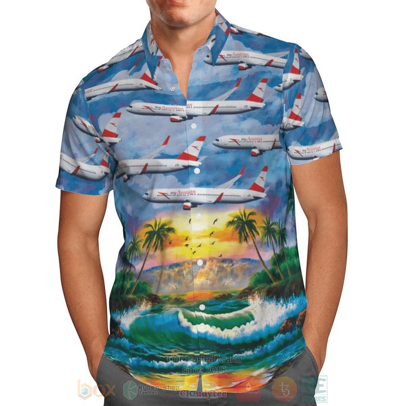 BEST Austrian Airlines Boeing 767-31AER Blue Color 3D Aloha Shirt 2 Austrian Airlines Boeing 767 31AER Blue Color Hawaiian Shirt 1