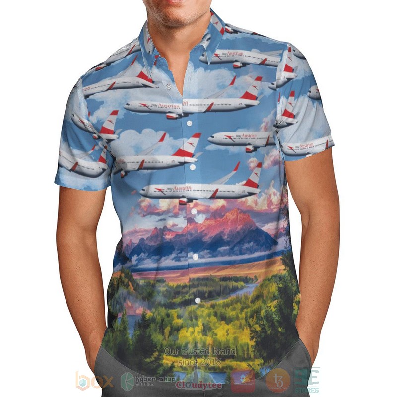 BEST Austrian Airlines Boeing 767-31AER Blue 3D Aloha Shirt 2 Austrian Airlines Boeing 767 31AER Blue Hawaiian Shirt 1