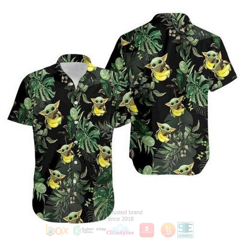 BEST Baby Yoda Hugging Bananas Tropical Leaves All Over Print Tropical Shirt 3 Baby Yoda Hugging Bananas Tropical Leaves Short Sleeve Hawaiian Shirt