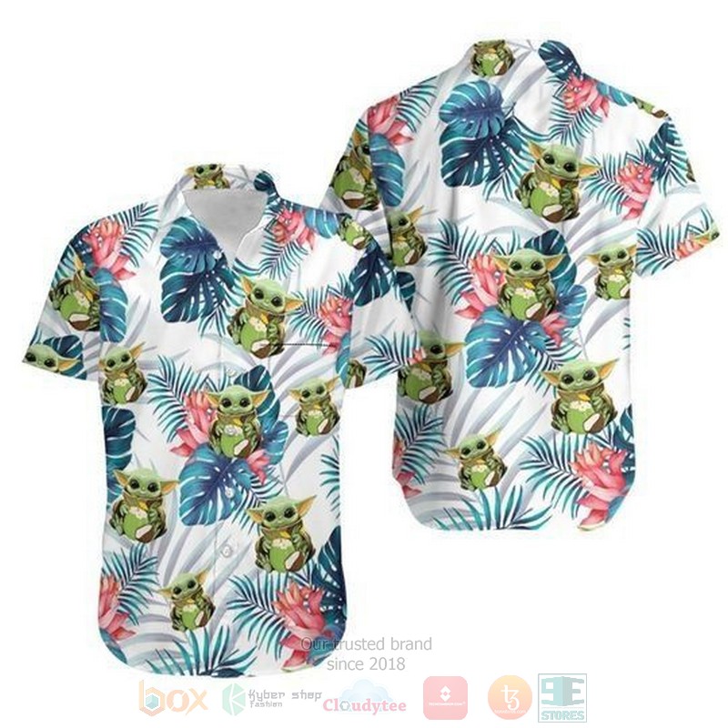 Baby Yoda Hugging Coconuts Seamless Tropical Blue Leaves Colorful Flowers On White Short Sleeve Hawaiian Shirt