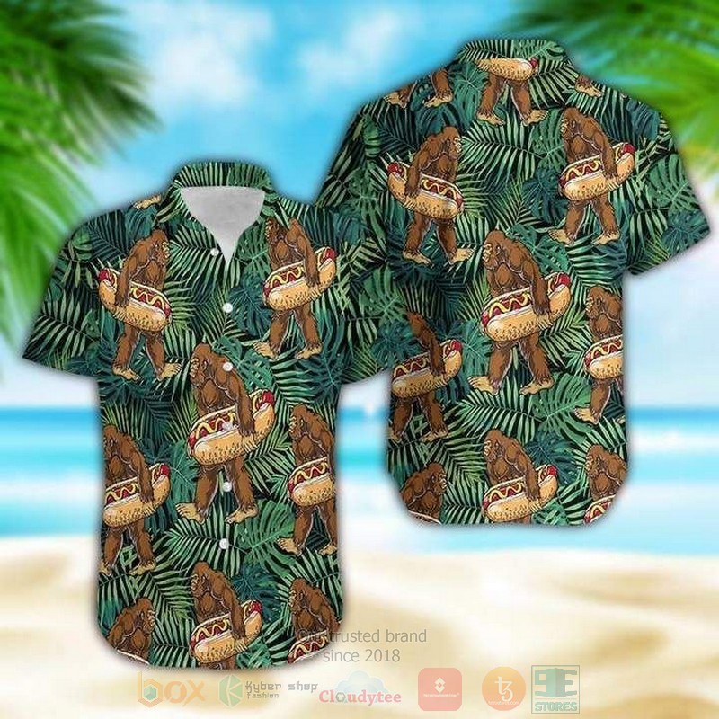 Bigfoot Carrying Hotdog Camping Short Sleeve Hawaiian Shirt