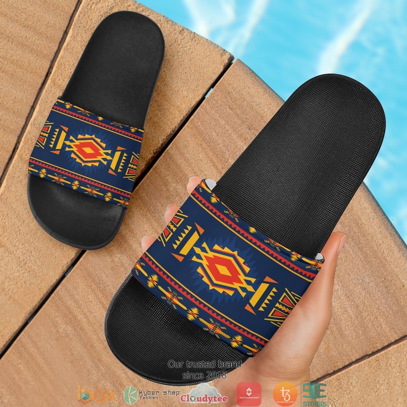 Blue Ethnic Pattern Native American Slide Sandals