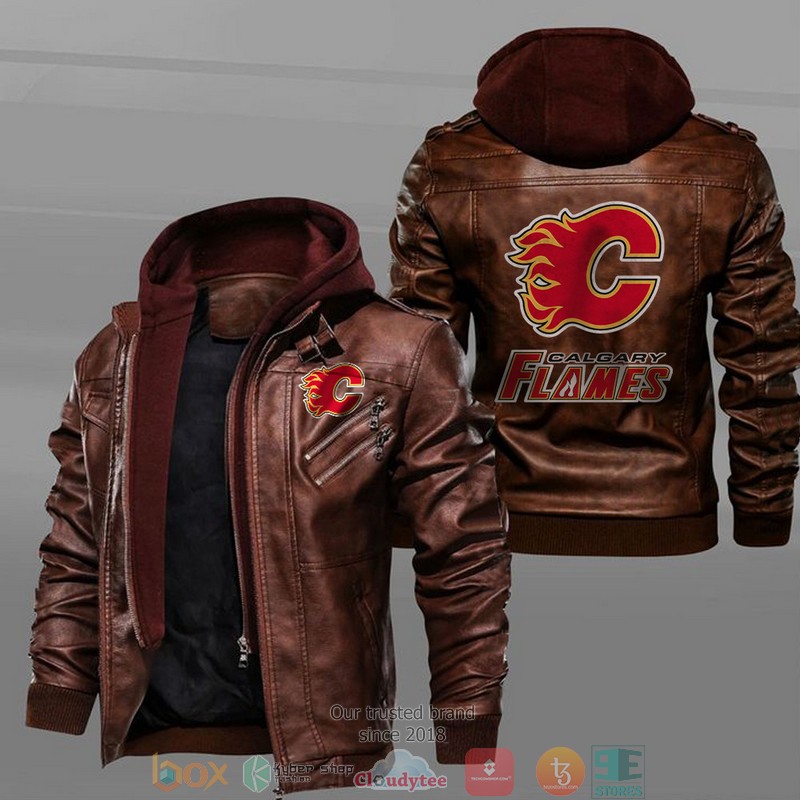 Calgary Flames Black Brown Leather Jacket 2 Calgary Flames Black Brown Leather Jacket 1