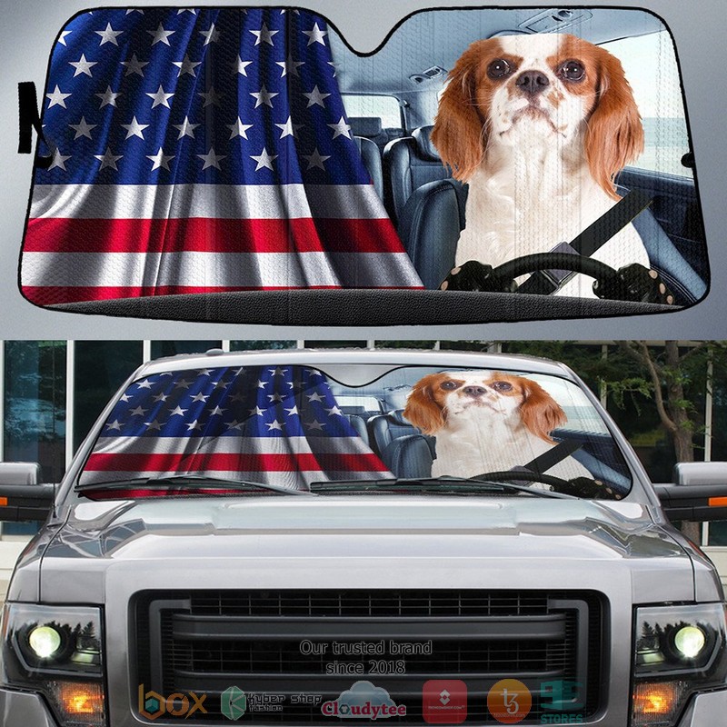 NEW Cavalier King Charles Spaniel And American Flag Independent Day 3D Car Sunshade