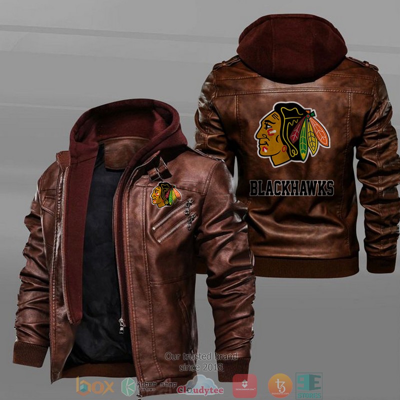 Chicago Blackhawks Black Brown Leather Jacket 2 Chicago Blackhawks Black Brown Leather Jacket 1