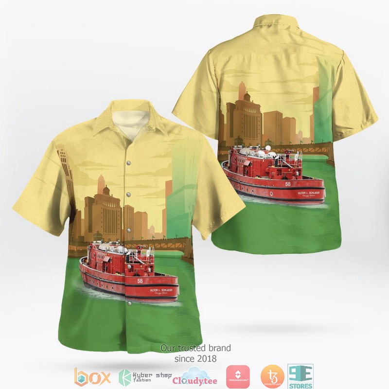 Chicago Illinois Chicago Fire Department Victor L. Schlaeger Fireboat St Patrick's Day Hawaiian Shirt word1