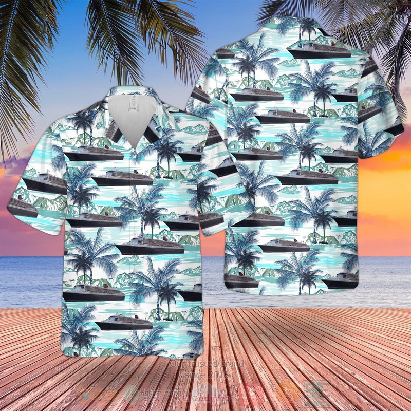 Cunard Line Queen Mary 2 Blue Hawaiian Shirt