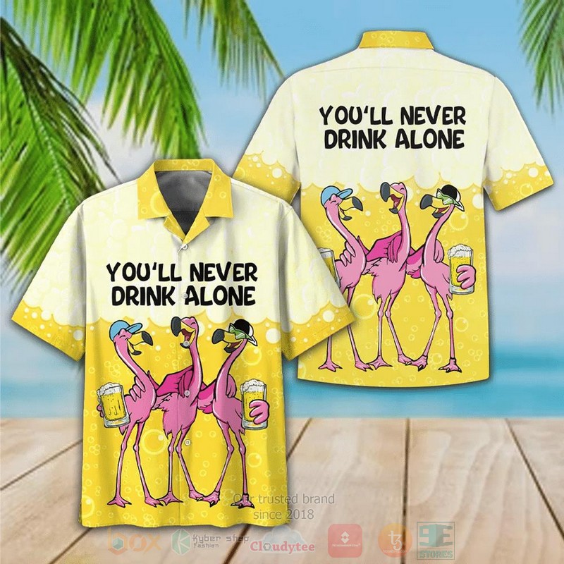 Flamingo Drink Beer Youll Never Drink Alone Short Sleeve Hawaiian Shirt