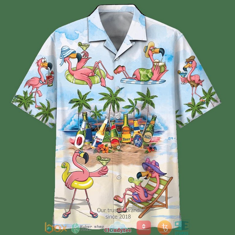 Flamingo In The Beach Print Short Sleeve Hawaiian Shirt