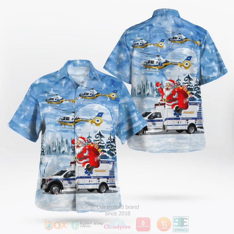 BEST Florida, Collier County EMS Ambulance And Eurocopter EC 135T1 Christmas 3D Aloha Shirt word2