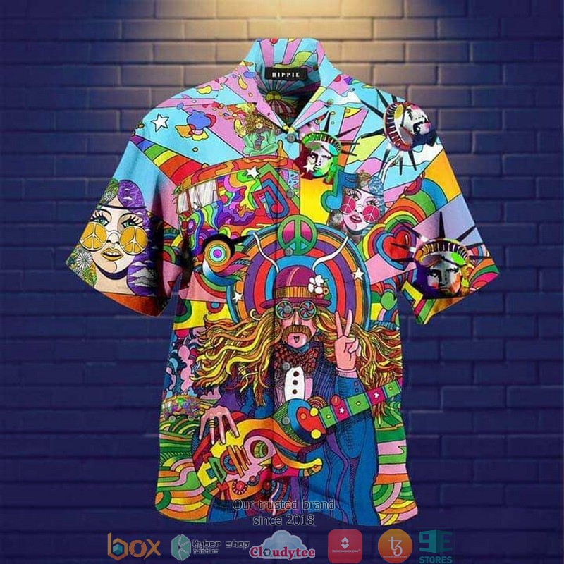 Guitar Man And Girl Hippie Print Short Sleeve Hawaiian Shirt