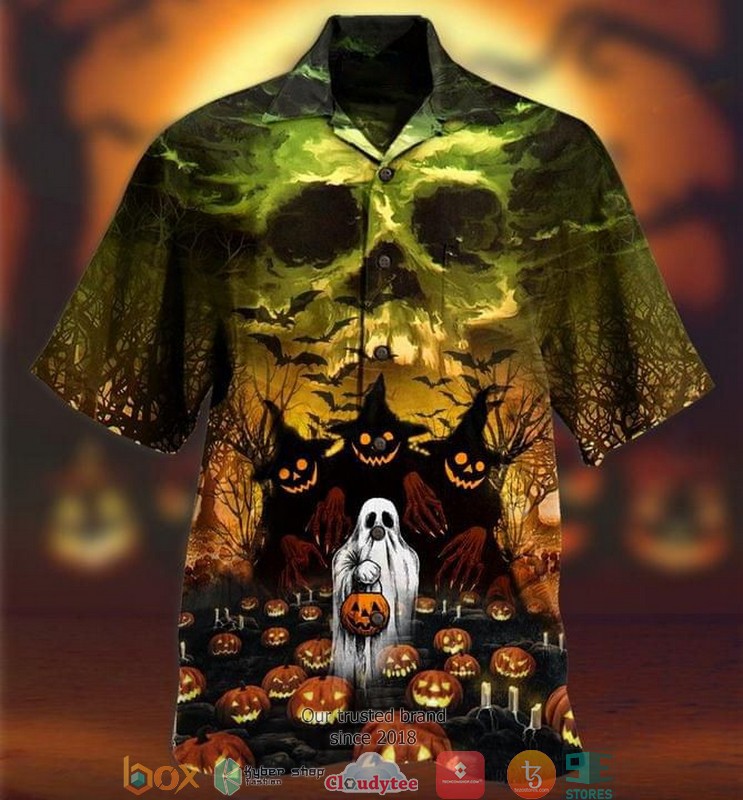 Halloween Ghost And Pumpkin 1 Print Short Sleeve Hawaiian Shirt