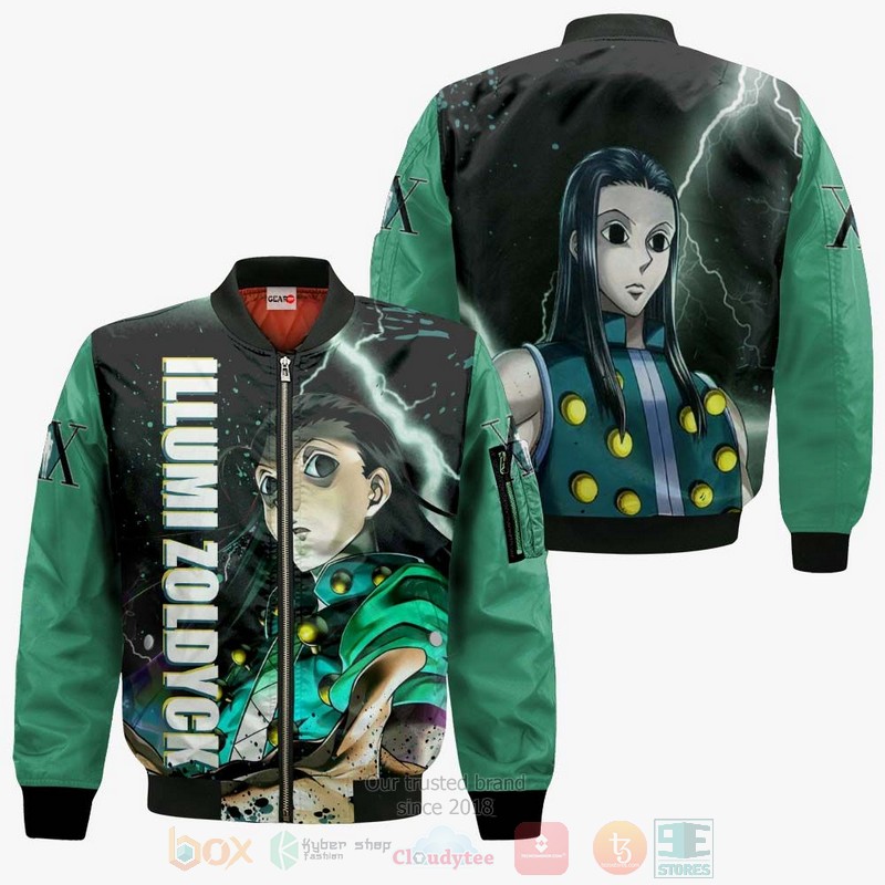 BEST Anime Illumi Zoldyck Custom Hunter x Hunter Green All Over Print Hoodie-Bomber Jacket 4 Illumi Zoldyck Custom Hunter x Hunter Anime Green 3D Hoodie Bomber Jacket 1 2 3