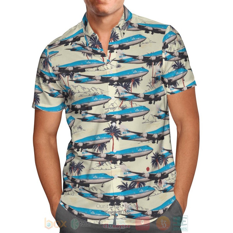 BEST KLM Royal Dutch Airlines Boeing 747-406M Cream 3D Aloha Shirt 2 KLM Royal Dutch Airlines Boeing 747 406M Cream Hawaiian Shirt 1