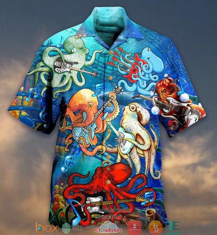 Octopus With Guitar 1 Print Short Sleeve Hawaiian Shirt